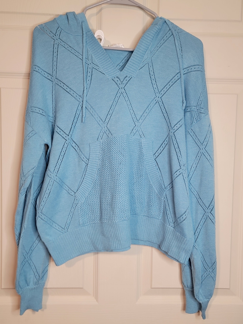 Candace Cameron Bure Light Blue Hooded Knit Pullover